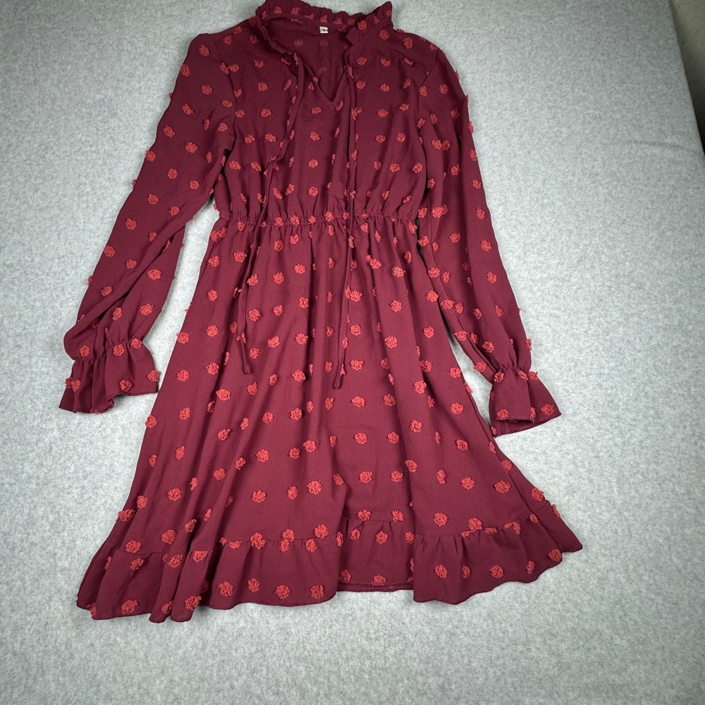 Burgundy Swiss Dot Long Sleeve Ruffle Mini Dress Small Boho V-Neck Tie